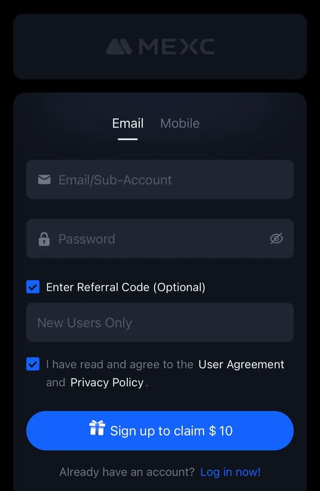 MEXC app signup and register